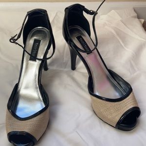 Patent leather and tweed dressy shoe
